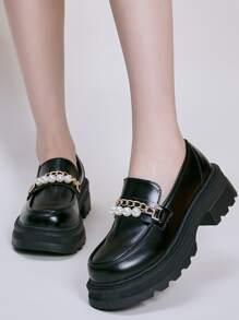 Chain & Faux Pearl Decor Platform Loafer Shoes - Black - View 2