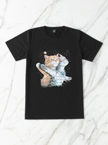 SHEIN LUNE Plus Cat & Galaxy Print Tee - Black - View 4