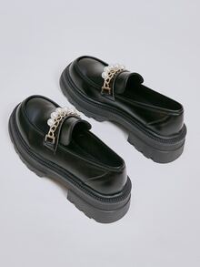 Chain & Faux Pearl Decor Platform Loafer Shoes - Black - View 5