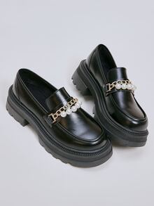 Chain & Faux Pearl Decor Platform Loafer Shoes - Black - View 6