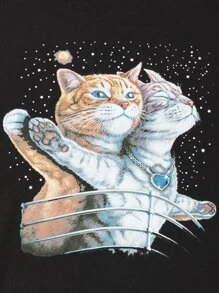 SHEIN LUNE Plus Cat & Galaxy Print Tee - Black - View 5