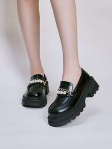 Chain & Faux Pearl Decor Platform Loafer Shoes - Black - View 4