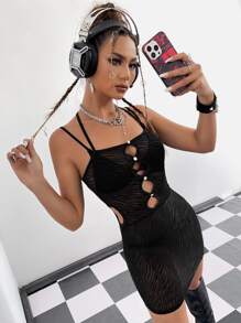 SHEIN ICON Zebra Stripe Cut Out Cami Dress Without Lingerie Set - Black - View 3