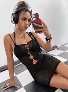 SHEIN ICON Zebra Stripe Cut Out Cami Dress Without Lingerie Set - Black - View 6