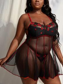 Plus Lip Embroidery Mesh Crisscross Slips With Thong - Black - View 3