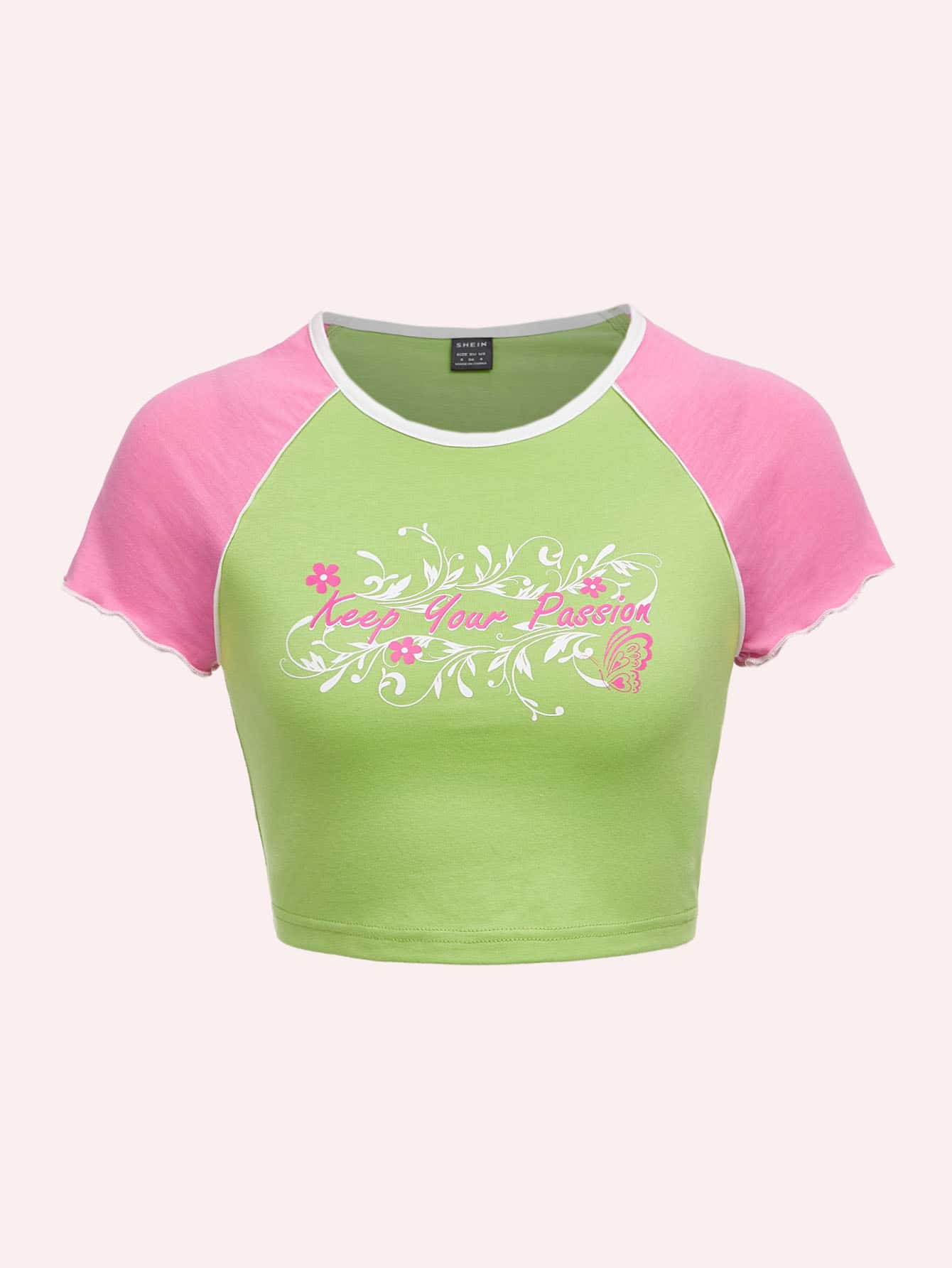 SHEIN EZwear Camiseta corta con slogan & con estampado floral de color combinado de manga raglán - Verde Lima - Ver 1