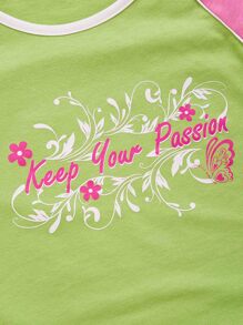 SHEIN EZwear Camiseta corta con slogan & con estampado floral de color combinado de manga raglán - Verde Lima - Ver 3
