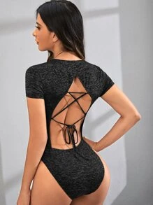 SHEIN Unity Marled Knit Lace Up Backless Bodysuit - Black - View 1