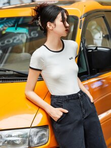 SHEIN EZwear Summer Letter Graphic Color Block Knitted Football Bodysuit - White - View 5
