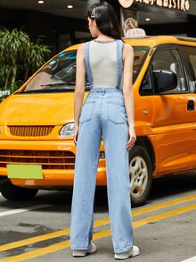 SHEIN Frenchy 可調節肩帶牛仔連身長褲 - 淺色水洗藍 - 查看 2