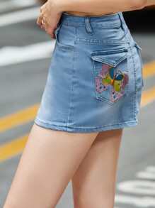 SHEIN Butterfly Embroidered Denim Skirt - Light Wash - View 3