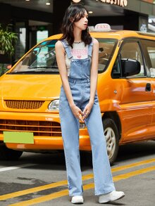 SHEIN Frenchy 可調節肩帶牛仔連身長褲 - 淺色水洗藍 - 查看 3