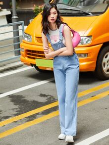 SHEIN Frenchy 可調節肩帶牛仔連身長褲 - 淺色水洗藍 - 查看 4