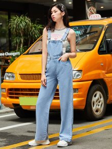 SHEIN Frenchy 可調節肩帶牛仔連身長褲 - 淺色水洗藍 - 查看 5