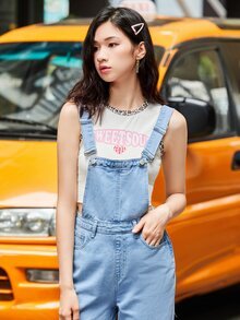 SHEIN Frenchy 可調節肩帶牛仔連身長褲 - 淺色水洗藍 - 查看 6