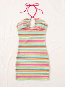 Soleia Rainbow Stripe Bodycon Halter Dress - Multicolor - View 4