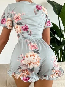 Conjunto de pijama con estampado floral bajo con fruncido - Multicolor - Ver 2