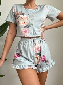 Conjunto de pijama con estampado floral bajo con fruncido - Multicolor - Ver 1