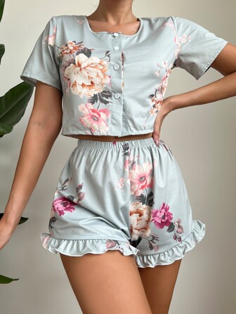 印花荷葉邊睡衣套裝