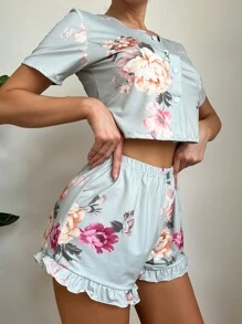 Conjunto de pijama con estampado floral bajo con fruncido - Multicolor - Ver 4