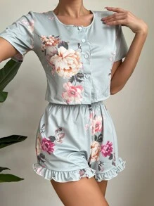 Conjunto de pijama con estampado floral bajo con fruncido - Multicolor - Ver 5