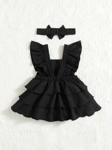 寶寶女孩蝴蝶結前方方領分層下擺連身裙和髮箍 - 黑色 - 查看 2