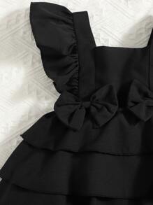 寶寶女孩蝴蝶結前方方領分層下擺連身裙和髮箍 - 黑色 - 查看 3