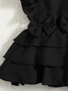 寶寶女孩蝴蝶結前方方領分層下擺連身裙和髮箍 - 黑色 - 查看 4