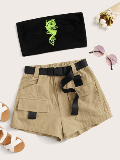 طقم سروال قصير بحزام مشبك ضغط مع لباس علوي صدرية تنين للبنات