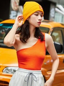 SHEIN Essnce One Shoulder Solid Top - Orange - View 2
