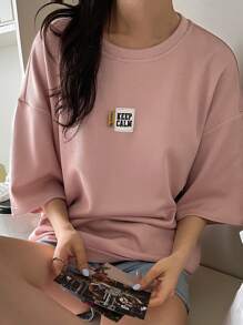 DAZY 標語拼接下垂肩t恤 - 藕粉色 - 查看 1