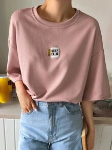 DAZY 標語拼接下垂肩t恤 - 藕粉色 - 查看 4