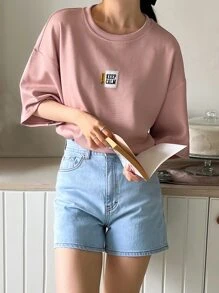 DAZY 標語拼接下垂肩t恤 - 藕粉色 - 查看 5