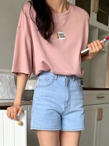 DAZY 標語拼接下垂肩t恤 - 藕粉色 - 查看 7