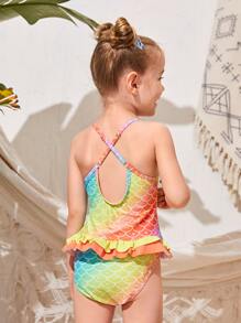 Toddler Girls Ombre And Fish Scale Print  Ruffle Trim Criss Cross One Piece Swimsuit - Multicolor - View 2