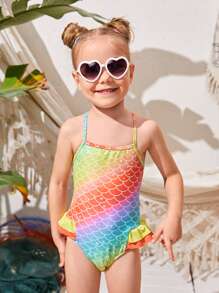Toddler Girls Ombre And Fish Scale Print  Ruffle Trim Criss Cross One Piece Swimsuit - Multicolor - View 1