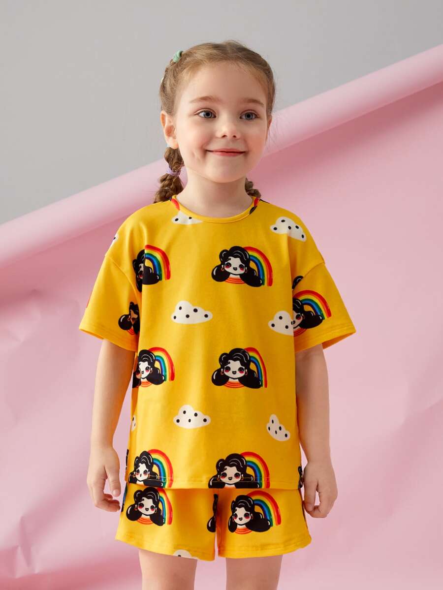 ColorTickle Toddler Girls Figure & Rainbow Print Drop Shoulder Tee - Yellow - View 1