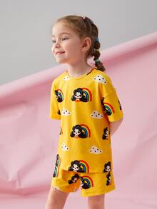 ColorTickle Toddler Girls Figure & Rainbow Print Drop Shoulder Tee - Yellow - View 5