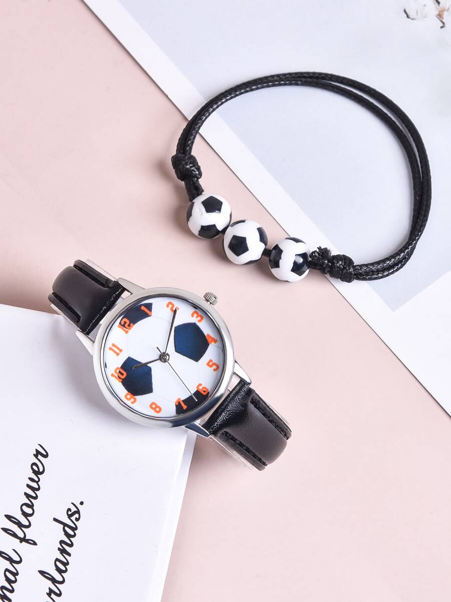 1pc Kids Soccer Print Round Pointer Quartz Watch & 1pc Bracelet - Black - View 1