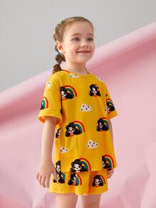 ColorTickle Toddler Girls Figure & Rainbow Print Drop Shoulder Tee - Yellow - View 6