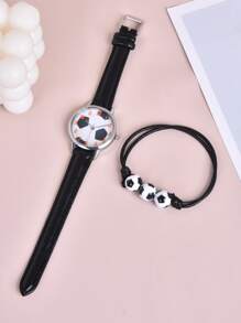 1pc Kids Soccer Print Round Pointer Quartz Watch & 1pc Bracelet - Black - View 2