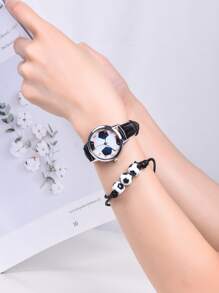 1pc Kids Soccer Print Round Pointer Quartz Watch & 1pc Bracelet - Black - View 3
