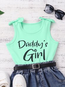 SHEIN 年輕女孩1件有字母圖形、蝴蝶結肩帶的背心上衣