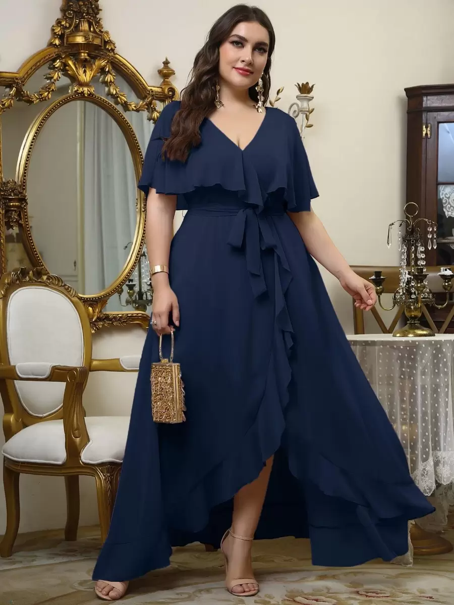 SHEIN Belle Talla grande Vestido de dama de honor con cinturón fruncido cruzado de gasa - Azul Marino - Ver 1