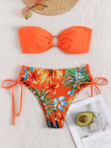 Random Tropical Print Ring Linked Bandeau Bikini For Summer Beach Vacation