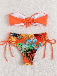 Random Tropical Print Ring Linked Bandeau Bikini For Summer Beach Vacation