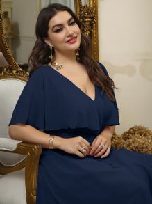 SHEIN Belle Talla grande Vestido de dama de honor con cinturón fruncido cruzado de gasa - Azul Marino - Ver 3