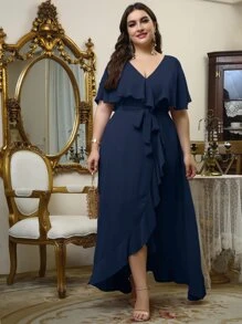 SHEIN Belle Talla grande Vestido de dama de honor con cinturón fruncido cruzado de gasa - Azul Marino - Ver 6