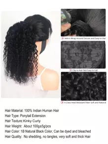 1pc Wrap Around Ponytail Jerry Curl 1B Natural Black Color 150% Density Remy Natural Black Color Human Hair Extension Daily Use Hair Extensions - Natural Black - View 6