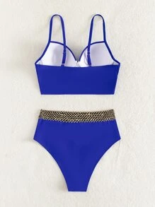 SHEIN Swim 實心縫細節升級高腰比基尼泳衣 - 寶藍色 - 查看 2